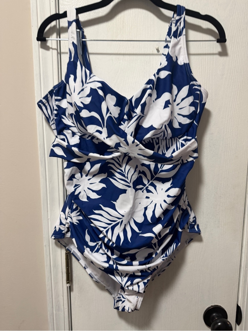 Blue & White Tropical One-Piece Swimsuit adjustable straps NWT xl
